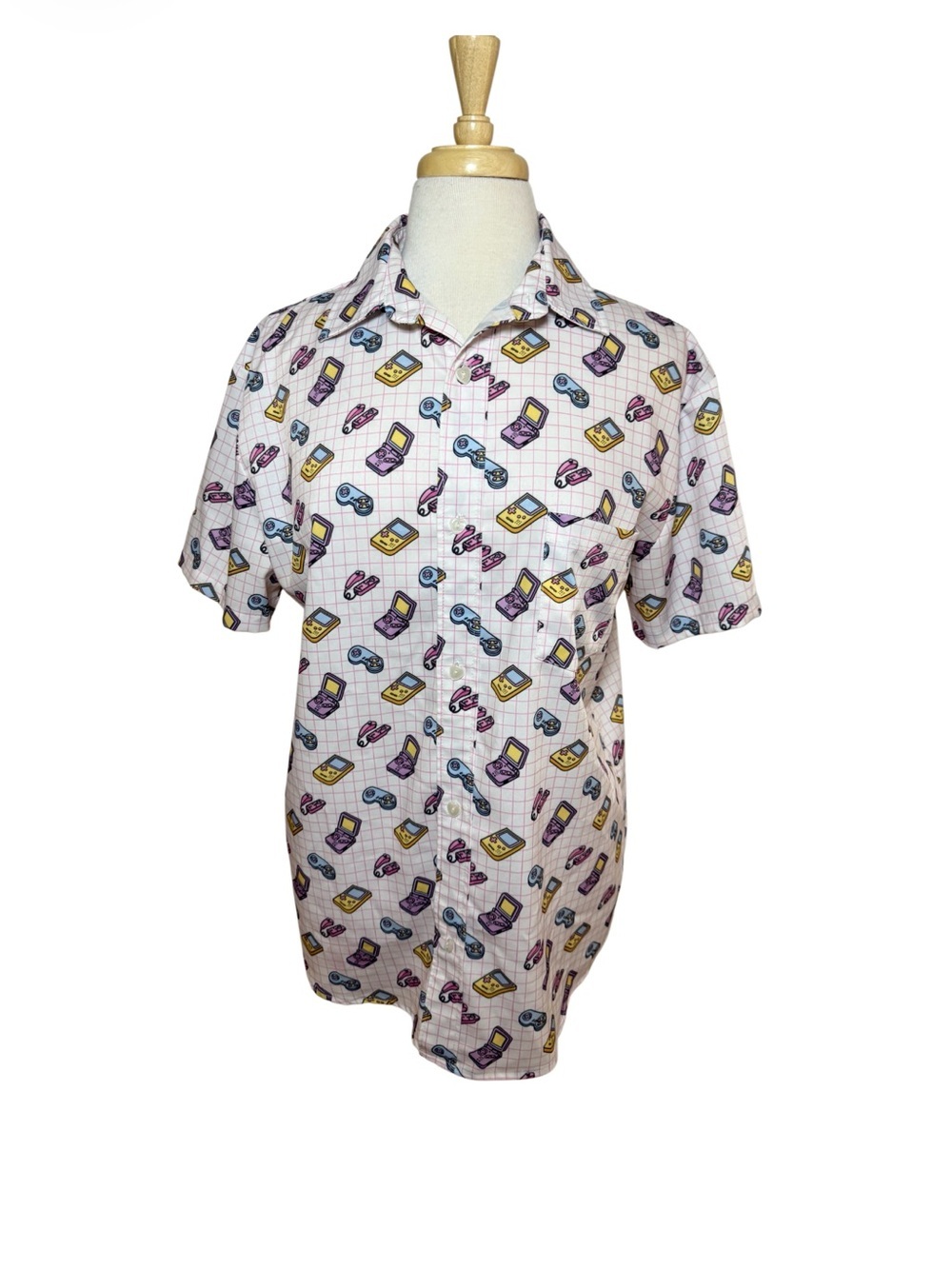 Vintage Gaming Print Button-Up Shirt-White w/ Multiple Color Accents-Size M